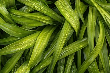 bright green grass blades with morning dew drops detailed view