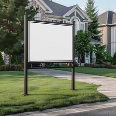 Blank Real Estate Sign on Green Lawn in Suburban Area
