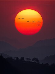 Obraz premium A vibrant sunset with silhouetted mountains and birds flying across the colorful sky.