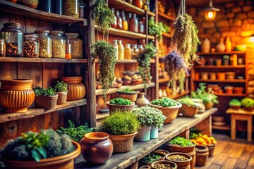 Fototapeta premium Cozy Herbal Shop: Wooden Shelves, Plants & Natural Remedies - Tilt-Shift Stock Photo