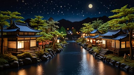 Obraz premium Serene Japanese Miniature Village with Cherry Blossoms at Night V4