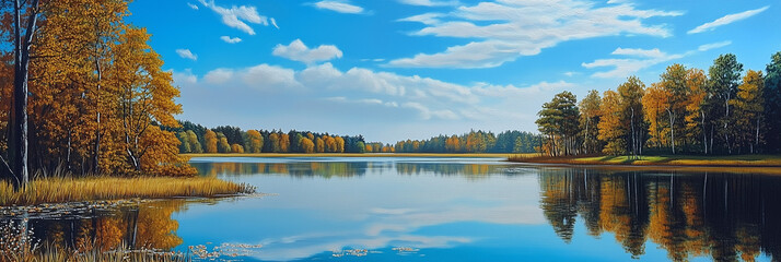 Illustration landscape of a lake and trees reflection panorama in autumn