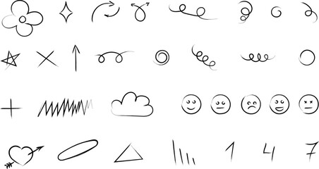 Chalk scribble doodle arrow, line elements set. Crayon arrow, underline, handwritten mark check. Rough hand drawn marker sketch with brush grunge texture. Hand drawn doodle brush lines vector image.