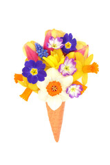 Fun surreal ice cream cone with Spring flowers of tulips, daffodils, narcissus and primroses. Fun seasonal symbol for logo, greeting card.
