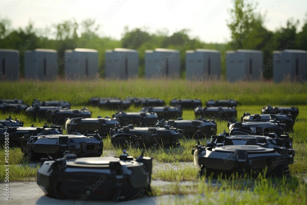 Aufkleber robots line up in a field for testing at a technology development site in bright sunlight
