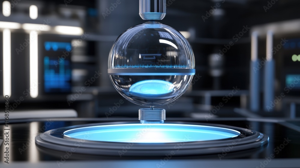 Poster innovative science experiment demonstrating floating orb technology in a high-tech laboratory enviro