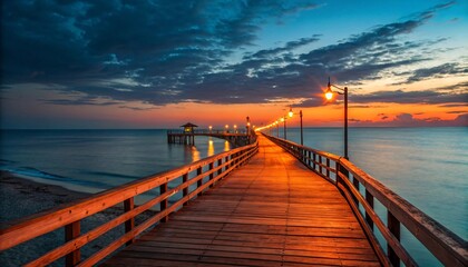 Fototapeta premium Serene Sunset on Wooden Pier with Calm Ocean and Reflections V4