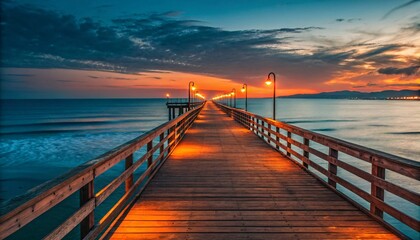 Obraz premium Serene Sunset on Wooden Pier with Calm Ocean and Reflections V5