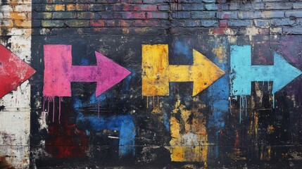 Fototapeta premium A set of bold, brightly colored arrow symbols painted on a grunge urban wall