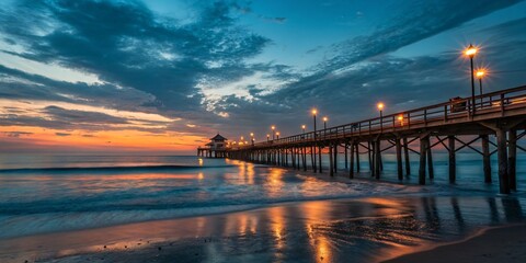 Obraz premium Serene Sunset on Wooden Pier with Calm Ocean and Reflections V7