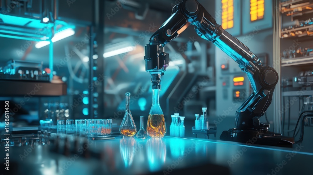 Poster robotic arm conducting experiments in high-tech laboratory science facility technology environment i