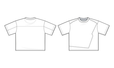 Y3K Minimalist structured Tee with Diagonal side Seam Detail Technical Fashion Illustration. T-shirt Vector Template Illustration. Front and Back View. Unisex. White Color. CAD Mockup.