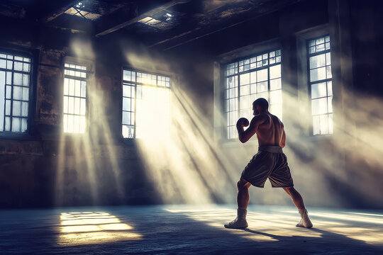 A boxer shadowboxing in an empty gym, light beams coming through dusty windows, sharp movements and intense focus.