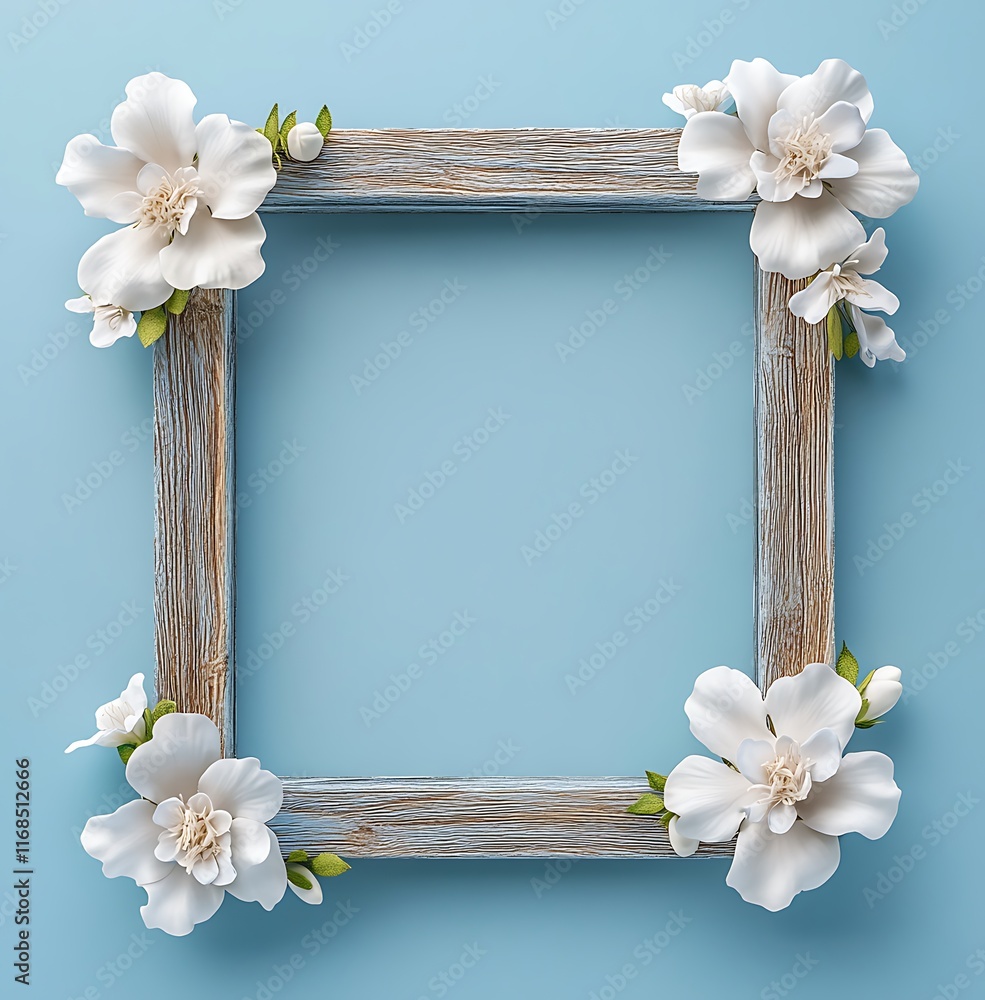 Wall mural A photo frame with white flowers and a blue spring summer background