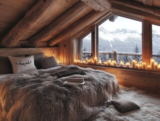 Fototapeta premium Cozy Mountain Cabin Bedroom With Candles And Winter View