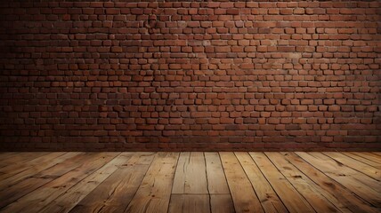 The stock photo shows a wall background with a red brick wall texture and a wooden floor.