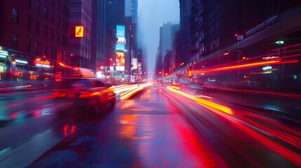 Obraz premium City Street Night Traffic Light Trails Reflections