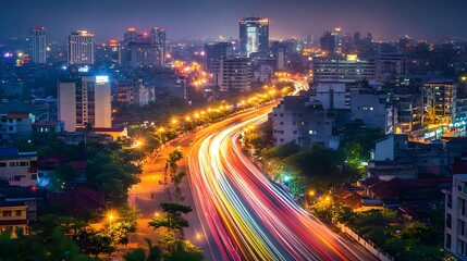 Fototapeta premium Night Cityscape Showing Light Trails On A Busy Road