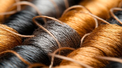 Close up of Golden and Gray Thread Spools Textile Crafts Sewing Supplies