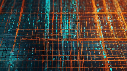 A high-tech digital grid with holographic data streams flowing in vibrant orange and turquoise tones, creating a dynamic sense of movement.