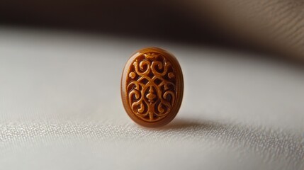 Close-up of an oval amber button with an intricate carved design.