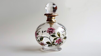 elegant glass perfume bottle with floral design on white background
