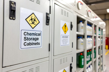A row of chemical storage cabinets marked with hazard signs, designed for safe containment of hazardous materials in an industrial setting.