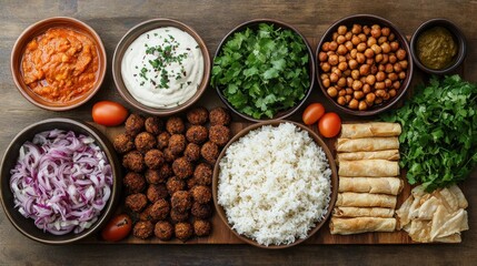 Middle Eastern food platter with falafel, hummus, rice, chickpeas, and pita bread.