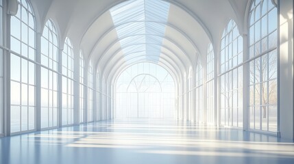 Fototapeta premium Sunlit white hall with arched windows and glass ceiling.