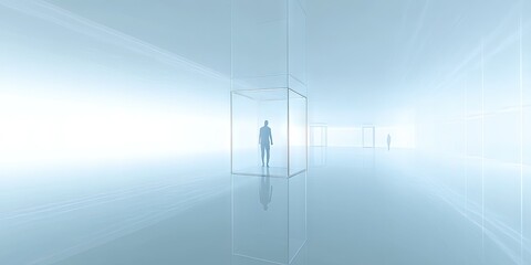 Naklejka premium A minimalist space with glass structures and silhouettes, evoking a sense of isolation.