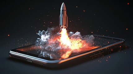 Rocket launching from a smartphone screen, symbolizing innovation