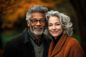 Close-up of a loving interracial senior couple sharing a laugh outdoors.