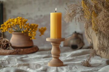 Rustic wooden candlestick holding a beeswax candle, placed on a linen tablecloth with earthy decor.
