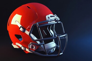 Fototapeta premium Bright orange football helmet displayed against dark background with metallic accents and details