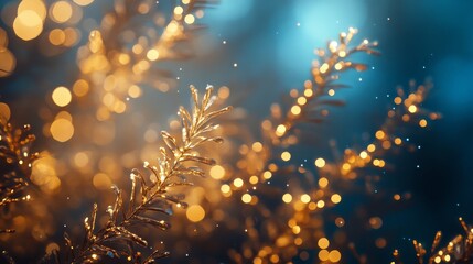 Golden Branches Glimmering with Festive Lights Against a Dark Blue Background..