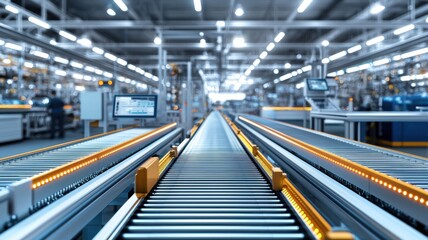 Fototapeta premium A clean, modern factory interior featuring a conveyor belt system, illuminated by bright overhead lights, emphasizing efficiency and automation in manufacturing.
