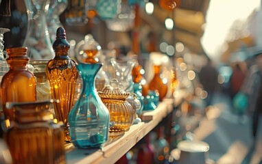 Vintage market scene with people, copy space, blurred defocused background. Low desire living. Visible mending, thrifting aesthetic concept. Repairability, mendable, up cycle