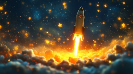 A rocket launches into a starry sky, emitting bright flames and surrounded by clouds, creating a vibrant, cosmic spectacle.