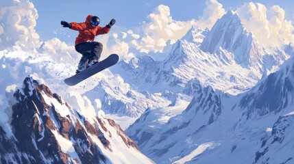 A snowboarder mid-air performing a jump against a backdrop of snowy mountain peaks