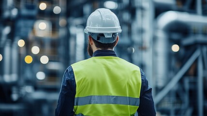 A worker in a safety helmet and reflective vest observes machinery in an industrial setting, emphasizing safety and professionalism.
