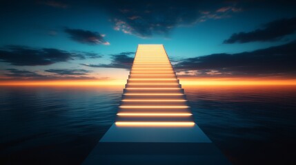 Obraz premium A serene pathway of illuminated steps leads toward a vibrant sunset over tranquil waters, creating a sense of peace and reflection.