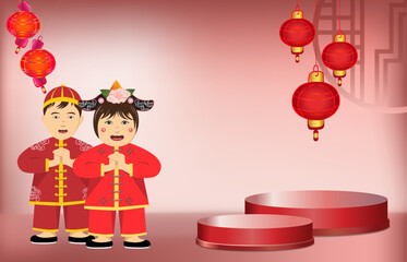 Happy Chinese new year banner with cute boy and girl