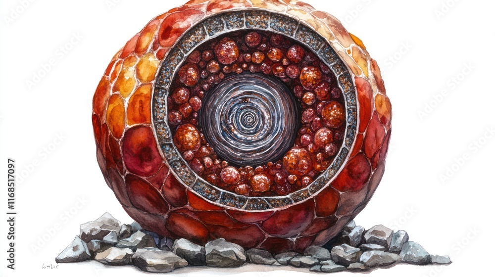Poster intricate cross-section of a vibrant, textured sphere revealing complex inner patterns and textures.