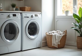 Laundry room with a washing machine and a basket full of clothes Ai generative