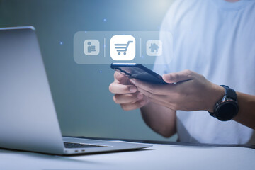 Business e-commerce concept. Man or woman use mobile smart phone with online shopping icons for Internet shopping, online purchase, e-commerce store, online business, shopping on the internet.