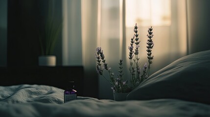 Serene Nighttime Relaxation: Melatonin Bottle and Lavender Pillow Mist on Minimalist Bedside Table for Sleep Aid, Emphasis on Tranquility in Dimly Lit Room