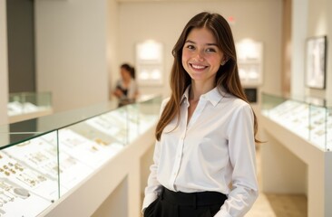 A woman in a jewelry store, smiling affably in a white shirt. Special offer, gift time. Stock