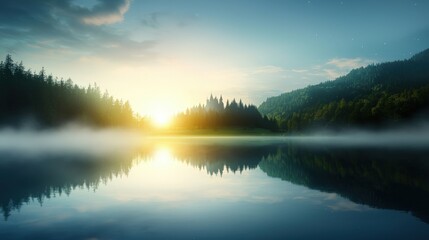 Fototapeta premium Tranquil Sunrise Over Serene Lake and Mountains