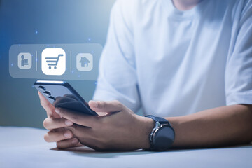 Business e-commerce concept. Man or woman use mobile smart phone with online shopping icons for...