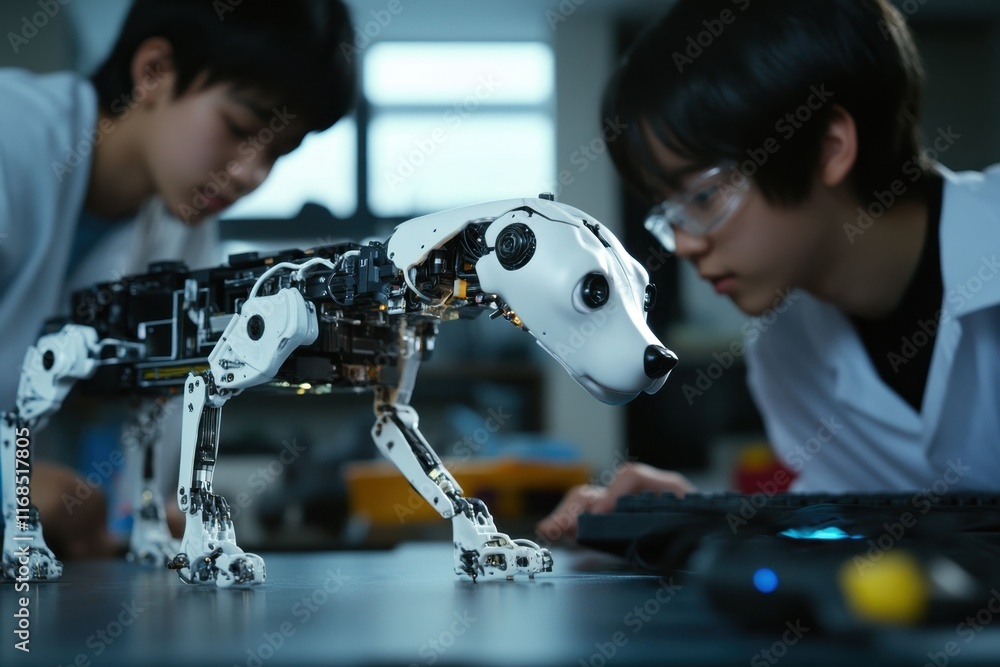 Aufkleber two students work on a robotic dog in a high-tech classroom setting during daylight hours